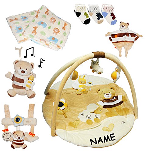 alles-meine.de GmbH XXL Set - zur Geburt - BRAUN/Creme - Erstausstattung Spielzeug - incl. Name - Krabbeldecke mit Spielbogen/Babyreck/Spieluhr/Mobile/Socken/Kuscheld.. von alles-meine.de GmbH