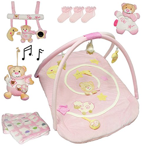 alles-meine.de GmbH XXL Set - zur Geburt - PINK - Erstausstattung Spielzeug - Krabbeldecke mit Spielbogen/Babyreck/Spieluhr/Mobile/Socken/Kuscheldecke - aus superweiche.. von alles-meine.de GmbH