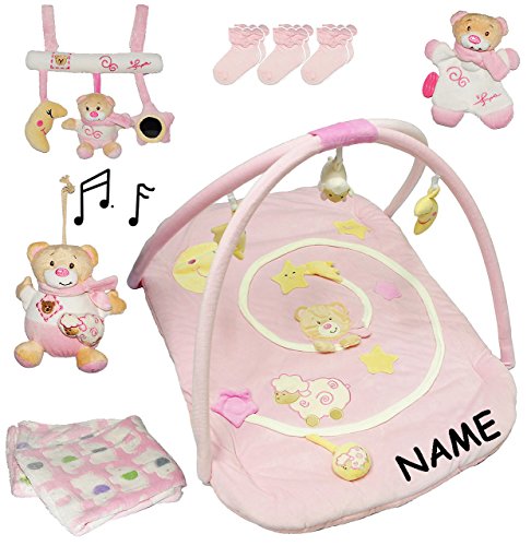 alles-meine.de GmbH XXL Set - zur Geburt - PINK - Erstausstattung Spielzeug - incl. Name - Krabbeldecke mit Spielbogen/Babyreck/Spieluhr/Mobile/Socken/Kuscheldecke - au.. von alles-meine.de GmbH