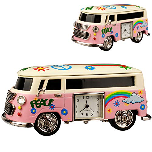 alles-meine.de GmbH kleine - Tischuhr/Miniatur - Uhr - Auto Bus - Oldtimer - aus Metall - 10 cm - batteriebetrieben - Analog - Batterie - weiß - rosa/Peace & Love - Zahlen St.. von alles-meine.de GmbH