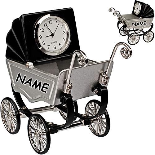 alles-meine.de GmbH kleine - Tischuhr/Miniatur - Uhr - Baby Kinderwagen - inkl. Name - aus Metall - 9 cm - batteriebetrieben - Analog - Batterie - schwarz - Zahlen Stehuhr/St.. von alles-meine.de GmbH