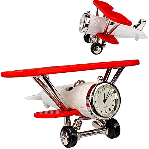 alles-meine.de GmbH kleine - Tischuhr/Miniatur - Uhr - Doppeldecker Flugzeug/Oldtimer - aus Metall - 10,8 cm - batteriebetrieben - Analog - Batterie - weiß - rot - Zahlen Ste.. von alles-meine.de GmbH