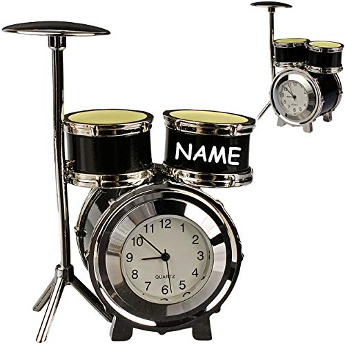 alles-meine.de GmbH kleine - Tischuhr/Miniatur - Uhr - Schlagzeug - Drums/Drum Set - inkl. Name - aus Metall - 8,3 cm - batteriebetrieben - Analog - Batterie - schwarz - silb.. von alles-meine.de GmbH