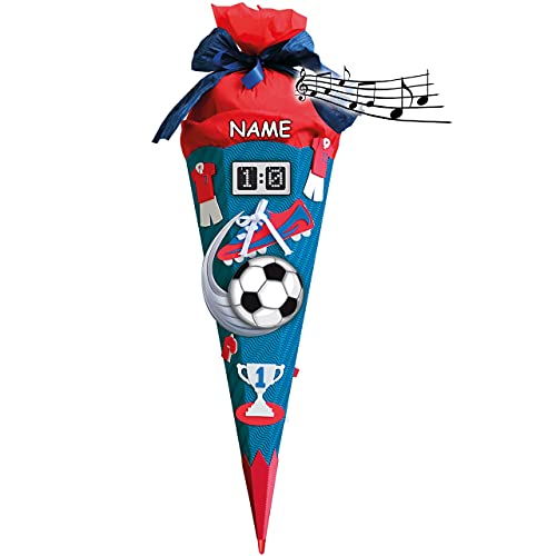 mit Sound Modul ! - BASTELSET Schultüte - Fußball 85 cm - inkl. Name - mit Holzspitze - Zuckertüte Roth - ALLE Größen - 6 eckig Fußballer Fussball Sport Junge.. von alles-meine.de GmbH