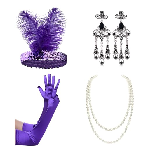 amangul 1 Set 1920er-Jahre-Feder-Haarreifen mit Ohrringen, Perlenkette und Handschuhen, Halloween, Cosplay, Abschlussball, Partyzubehör für Damen (lila) von amangul