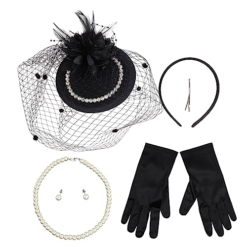 amangul 1 Set Damen-Haarreifen aus Netzstoff mit Schleier und Hut, mit Perlenohrringen, Halskette und Handschuhen, Halloween, Cosplay, Abschlussball, Partyzubehör für Damen (schwarz) von amangul