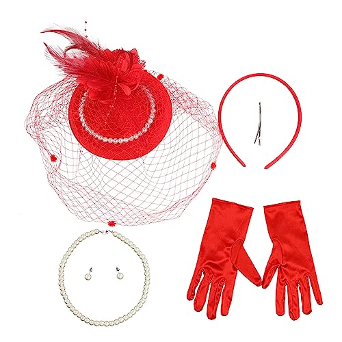 amangul 1 Set Damen-Haarreifen mit Schleier und Hut, mit Perlenohrringen, Halskette und Handschuhen, Halloween, Cosplay, Abschlussball, Partyzubehör für Damen (rot) von amangul