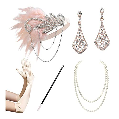 amangul Flapper-Zubehör für Damen, 1920er-Jahre-Kostüm-Zubehör, brüllende 20er-Jahre, Flapper-Stirnband, Ohrringe, Handschuhe, Halskette Set (F) von amangul