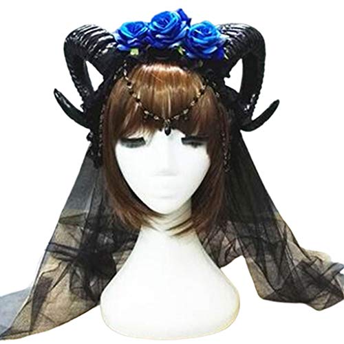 amangul Halloween Gothic Netzschleier Stirnband Schafhorn Rose Blumenkette Krone Haarreifen (blau) von amangul