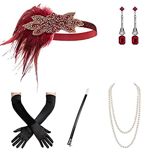 amangul Vintage 1920er Flapper Damen-Kostüm-Zubehör-Set, Feder-Stirnband, Halskette, Ohrringe für 20er-Jahre/Cocktail-Party (5) von amangul
