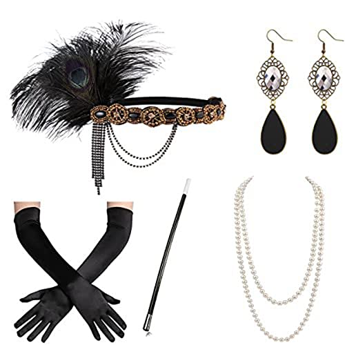 amangul Vintage 1920er Flapper Damen-Kostüm-Zubehör-Set, Feder-Stirnband, Halskette, Ohrringe für 20er-Jahre-/Cocktail-Party (19) von amangul