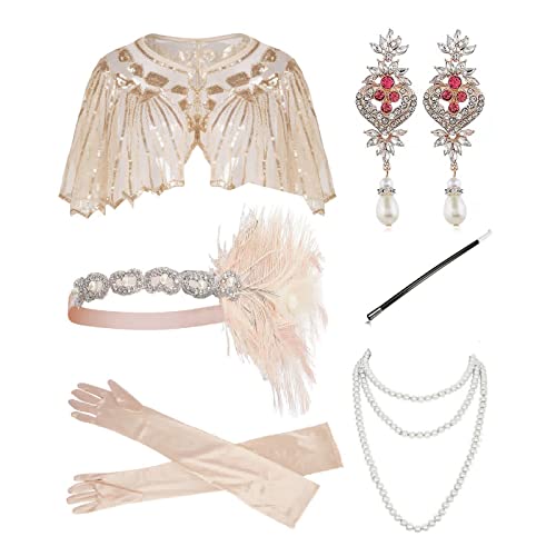amangul Vintage 1920er Flapper Damen-Kostüm-Zubehör-Set, Feder-Stirnband, Halskette, Ohrringe für 20er-Jahre-/Cocktail-Party (4) von amangul