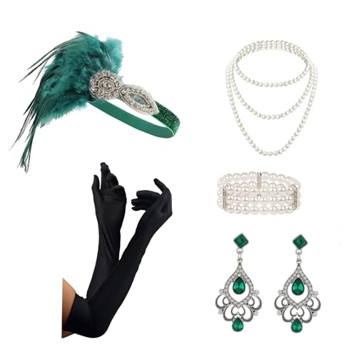 amangul Vintage 1920er Jahre Flapper Party Damen Kostümzubehör-Set Feder Stirnband Halskette Ohrringe Handschuhe für Cocktailparty (grün) von amangul
