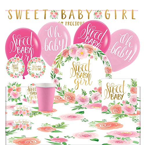 Amscan 9050 0391 - Partyset Sweet Baby Girl, 8 Teller, 8 Becher, 16 Servietten, Tischdecke, 2 Girlanden, 6 Latexballons, 12 Pappschilder von amscan