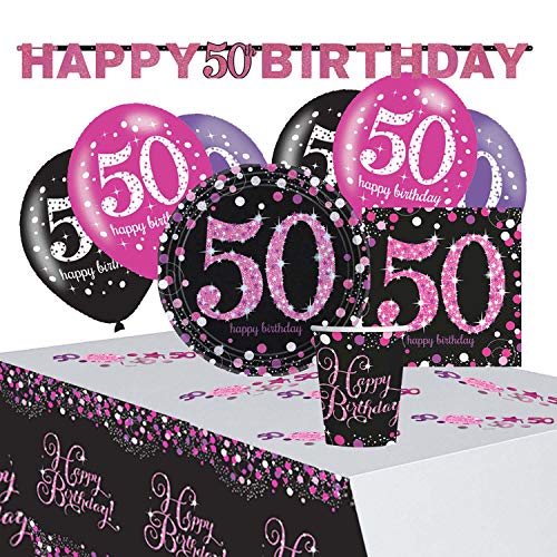 Amscan 9050 0411 - Partyset Pinke Glückwünsche 50, 8 Teller, 20 Servietten, 8 Becher, Tischdecke, Girlande, Konfetti, 6 Latexballons von amscan