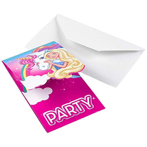Amscan 9902530 - Einladungskarten Barbie mit Umschlägen, 8 Stück, Größe 8,2 x 14 cm, Einladung, Dreamtopia, Einhorn, Geburtstag, Mottoparty, Party, Prinzessin, Karneval von amscan