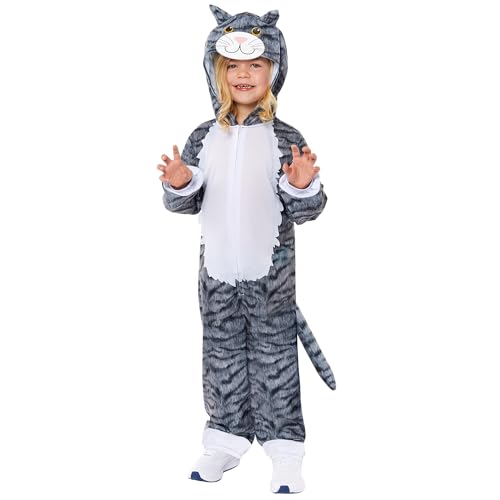 Amscan 9918156 - Unisex World Book Day Grey Tabby Cat Hooded Jumpsuit Kids Fancy Dress Costume Age: 8-10yrs von amscan