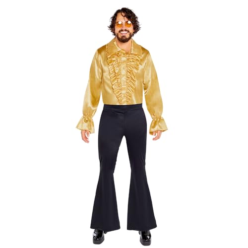 Amscan 9918523 - Men's 1970's Gold Satin Ruffle Shirt Adults Fancy Dress Costume Size: Small von amscan