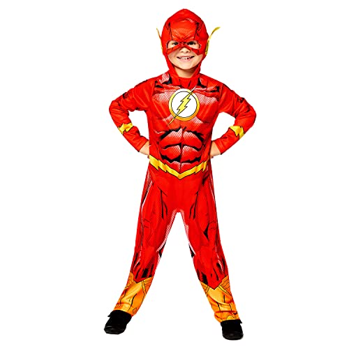 Amscan - Kinderkostüm The Flash, bedruckter Overall mit Kopfbedeckung, 100 % recycelte Materialien, Serie, DC Super Heroes, Motto-Party, Karneval von amscan