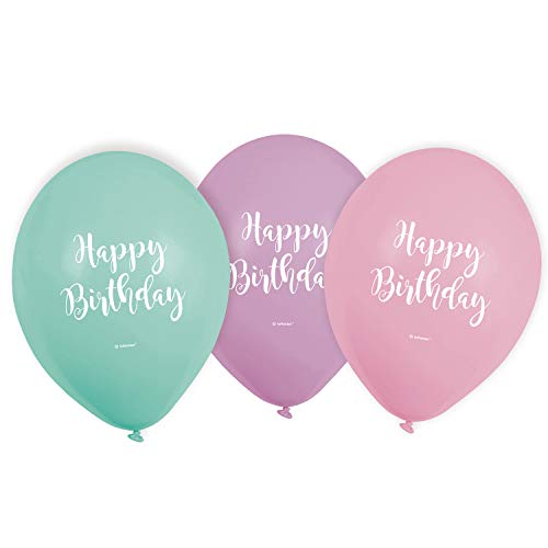 Amscan 9901851 - Latexballons Happy Birthday Pastel, 6 Stück, circa 28 cm, Mintgrün, Rosa, Helllila, Geburtstag, Luftballon von amscan