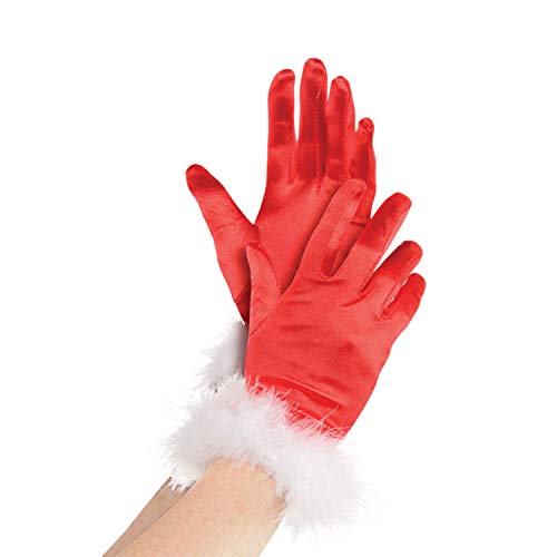 Amscan 848030-55 - Handschuhe Miss Santa, 1 Paar, Einheitsgröße für Damen, Rot, glänzend, mit weißen Marabou-Federn, Weihnachten, Advent, Nikolaus, Santa Claus, Fasching, Karneval, Mottoparty von amscan