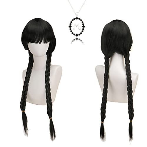 Addams Cosplay Perücke mit drehendem Halsband Frauen Mittellange Haarperücke Hochtemperaturbeständige Synthetikgeflechtperücke Halloween-Accessoires von animacoser