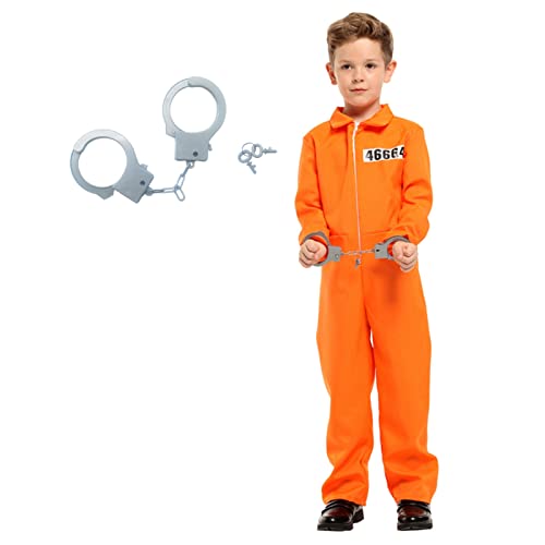 Häftling Kostüm für Kinder, Oranger Gefängnisoverall mit Plastikhandschellen, Knastvogel Insasse Gefängniskostüm Uniform, Halloween Kostüm für Karneval Fasching, Jungen Mädchen (4-6 Jahre alt) von animacoser