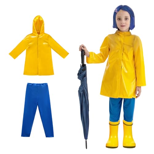 animacoser Coraline Kostüm Kinder Gelber Regenmantel mit Blauer Hose Kinderkostüm Verkleidung für Karneval und Halloween(10-12 Jahre alt) von animacoser