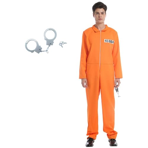 animacoser Häftling Kostüm für Erwachsene, Oranger Gefängnisoverall mit Handschellen, Knastvogel Insasse Gefängniskostüm Uniform, Halloween Prisoner Kostüm für Damen und Herren (M) von animacoser