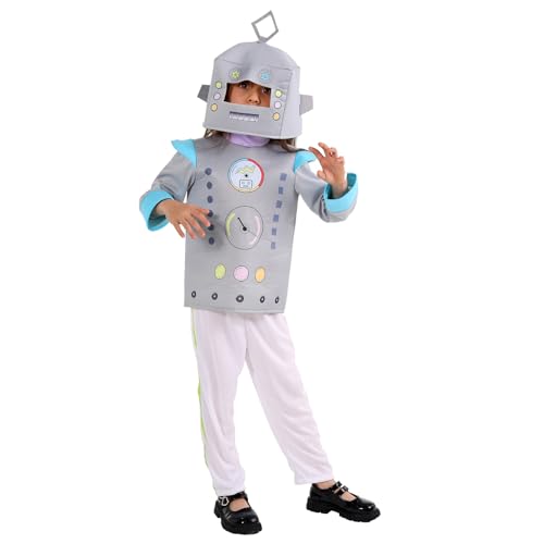 animacoser Roboter Kostüm Kinder Robot Kostüm Latzhose Karneval Fasching Schminke Kinder 5-14 Jahre von animacoser