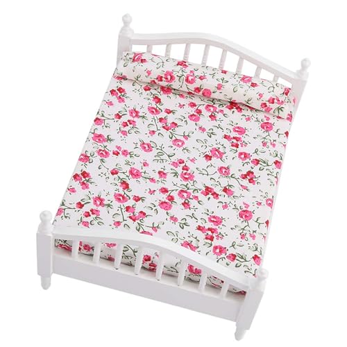 Puppenhauszubehör Blumenmuster Möbel Doppelbett für 1/12 Skala Puppe von aqxreight