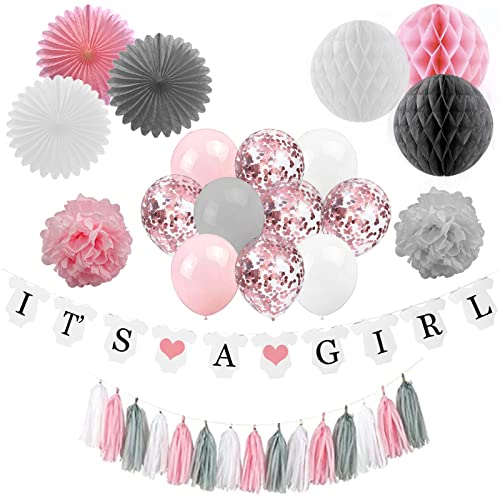 aupawdy 40 pcs Babyparty Deko Mädchen Es Ist Ein Mädchen-Banner mit Papierfächer-Gewebe-Pompons Wabenball-Partyballons Folienquaste Rosa Und Grau Es Ist Ein Mädchen-Babyparty-Dekorationen von aupawdy