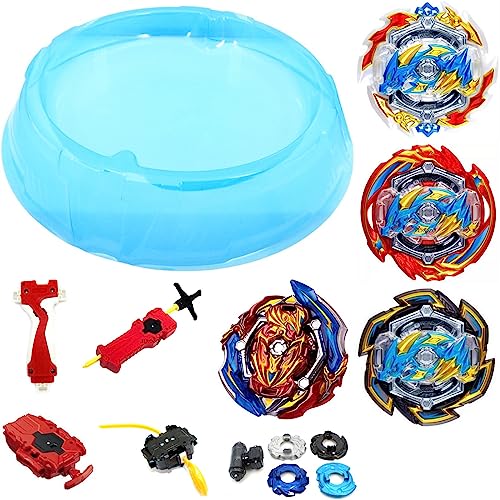 ayados XL Arena Blau mit 4er Set Kampf Kreisel für die Burst Surge Arena Kampfkreisel Set 4 Komplette Kreisel 3 Launcher Arena B-133 Ace Dragon, Grand Dragon, Rock Dragon B-150 Union Achilles von ayados