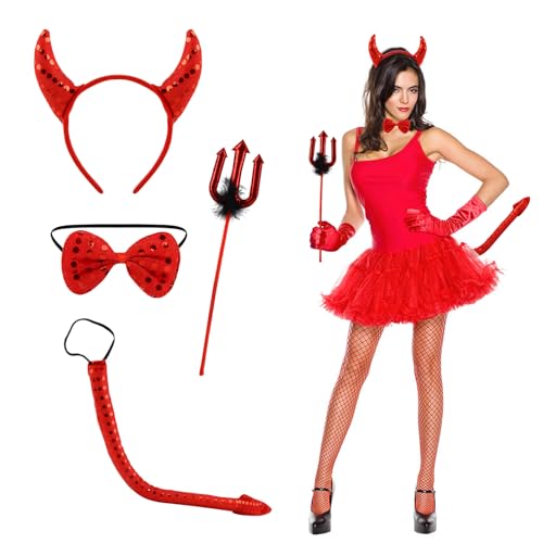 badaren 4 Stück Teufel Kostüm Damen Zubehör, Halloween Kostüm Damen, Vampir Kostüm Damen, Teufelshörner, Teufelsschwanz, Teufel Fliege, Teufel Dreizack, Für Cosplay, Karneval Kostüm, Damen, Kinder von badaren