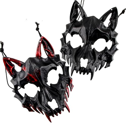 badaren Halloween Masken, 2 Stück Wolf Maske, Therian Mask, Horror Maske, Samurai Maske, Werwolf Knochen Halbmaske, Dekorative Maske für Erwachsene von badaren