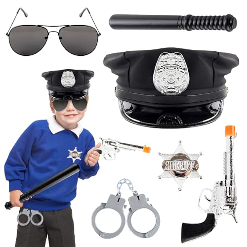 badaren Polizei Kostüm Kinder, Polizei Zubehör Set, Polizei Kostüm Zubehör, Polizeihüte, Polizei-Sonnenbrillen, Polizei-Handschellen, Karnevalsparty-Cosplay-Polizei-Verkleidungssets von badaren