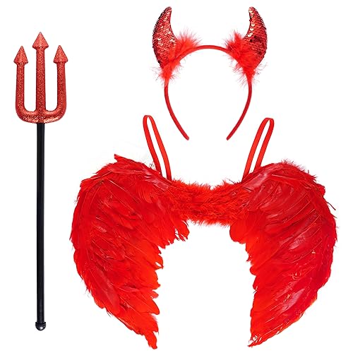 3pcs Teufel Kostüm Engel und Teufel Flügel Heugabel Teufelshörner rote Engelsflügel für Karneval kostüm Halloween Fasching Party Verkleidung von baotongle