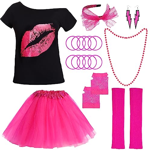 80er Jahre Damen Kostüm Zubehör Set T-Shirt Tutu Stirnband Ohrringe Netz Handschuhe Beinstulpen Halsketten Perlen Armband Netzhandschuhe für Damen 80er Party (Rose Rot, L) von baotongle