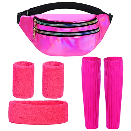 80er Jahre Kleidung Damen Sportlicher Stil Set, Neon Beinwärmer,Armbänder,Neon Stirnband, PU Bauchtasche Wasserdicht für 80er 90er Outfit Party Kostüm Accessoires Karneval Halloween (Rosarot) von baotongle