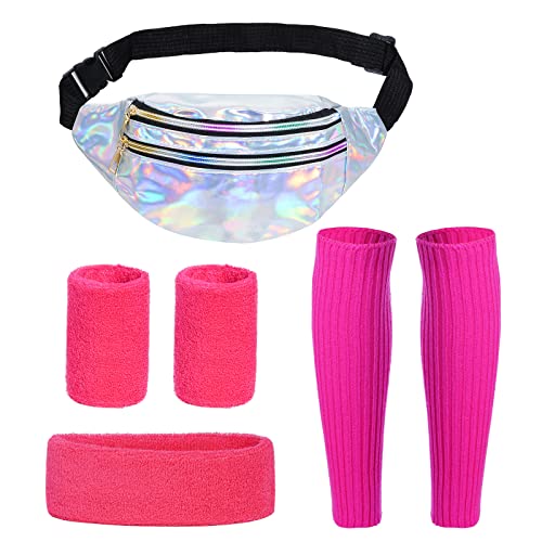 80er Jahre Kleidung Damen Sportlicher Stil Set, Neon Beinwärmer,Armbänder,Neon Stirnband, PU Bauchtasche Wasserdicht für 80er 90er Outfit Party Kostüm Accessoires Karneval Halloween (Sliver RosaRot) von baotongle