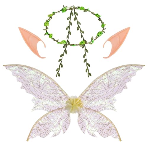 Feenflügel Schmetterlingsflügel mit Elfenohren Blumenkranz Kostüm Fairy Wings für Karneval Geburtstag Halloween Cosplay Party von baotongle