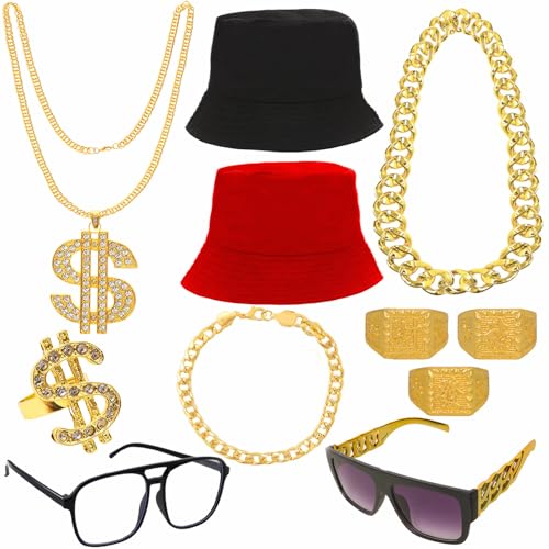 baotongle 11 Stück Hip Hop Kostüm Zubehör Set 80er 90er Jahre Outfit Herren Hip Hop Kostüm 2 Bucket Hat, Goldkette, Sonnenbrille, Goldring, Armband Für Karneval Fasching Mottoparty von baotongle