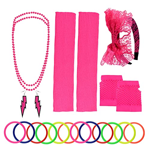 baotongle 80er Jahre Damen Kostüm Zubehör Set Stirnband Ohrringe Netz Handschuhe Beinstulpen Halsketten Perlen Armband Netzhandschuhe für Damen 80er Party von baotongle