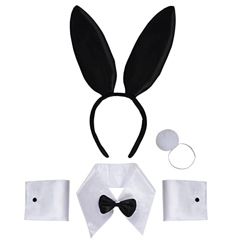 baotongle Bunny Kostüm Set Ostern Hasenohren Stirnband Kragen Fliege Kostüm Stirnband Fliege Manschetten Schwanz für Cosplay Party Halloween von baotongle