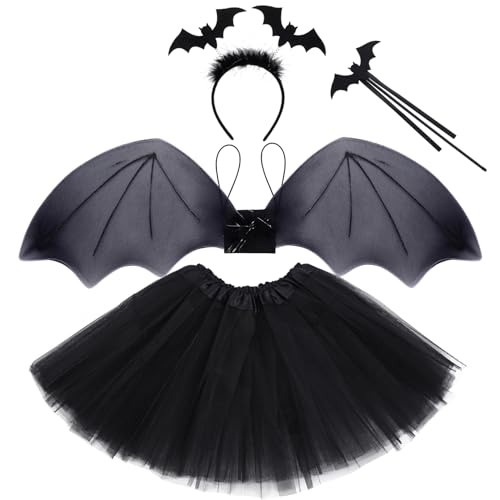 baotongle Kinder Fledermaus Kostüm Set Fledermaus Flügel Rock Set mit Stirnband und Zauberstab Tutu Rock Dress up Halloween Schwarze Fledermaus Kostüm Tutu von baotongle