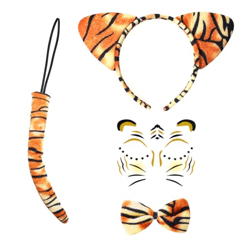 baotongle Tiger Kostüm Set, Tiger Gesicht Kunst Aufkleber, Tier Tiger Stirnband Fliege, Tiger Ohren Stirnband für Karneval Kostüm Party Dekoration Zubehör (Tiger Kostüm) von baotongle