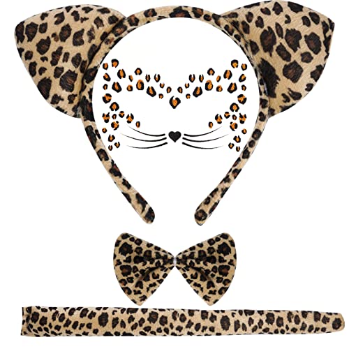 baotongle Leopard Kostüm Set, Leopard Gesicht Kunst Aufkleber, Tier Leopard Stirnband Fliege, Leopard Ohren Stirnband für Kostüm Party Dekoration Zubehör (Leopard Kostüm) von baotongle