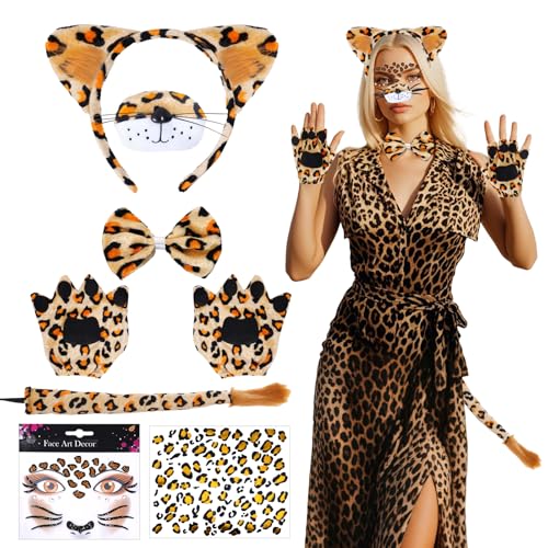 baotongle Leopard Kostüm Set Leopard Gesicht Kunst Aufkleber Handschuhe Tier Leopard Stirnband Fliege, Leopard Ohren Stirnband für Karneval Halloween Maskerade Zubehör von baotongle