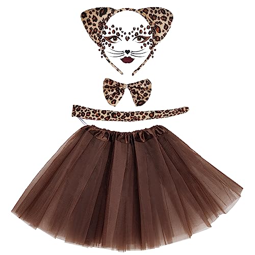 baotongle Leopard Kostüm Set Tier Leopard Stirnband Fliege Tutu Rock Leopard Gesicht Kunst Aufkleber Leopard Ohren Stirnband für Kostüm Party Dekoration Zubehör (40cm Rock) von baotongle