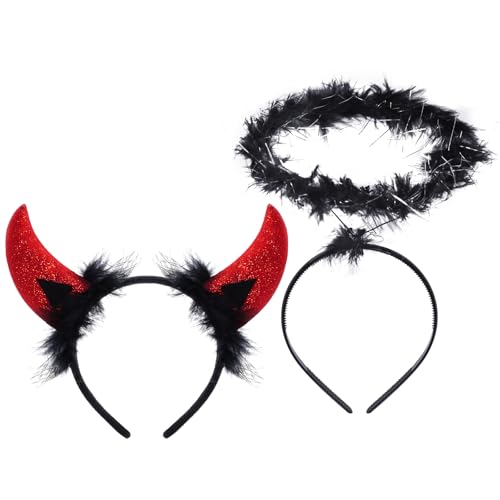 baotongle Teufelshörner Haarreifen Heiligenschein Schwarz Haarreifen Teufel Kostüm Accessoire für Karneval Halloween Kostüm (Rot/Schwarz) von baotongle